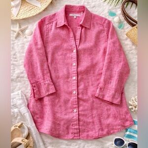Foxcroft 100% Linen Button Down Shirt Pink M Lightweight Blouse Coastal Resort